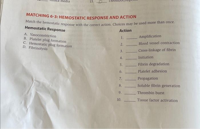 Matching 6-3 hemostatic response and action