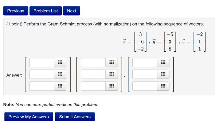 Perform the gram-schmidt process on the following sequence of vectors